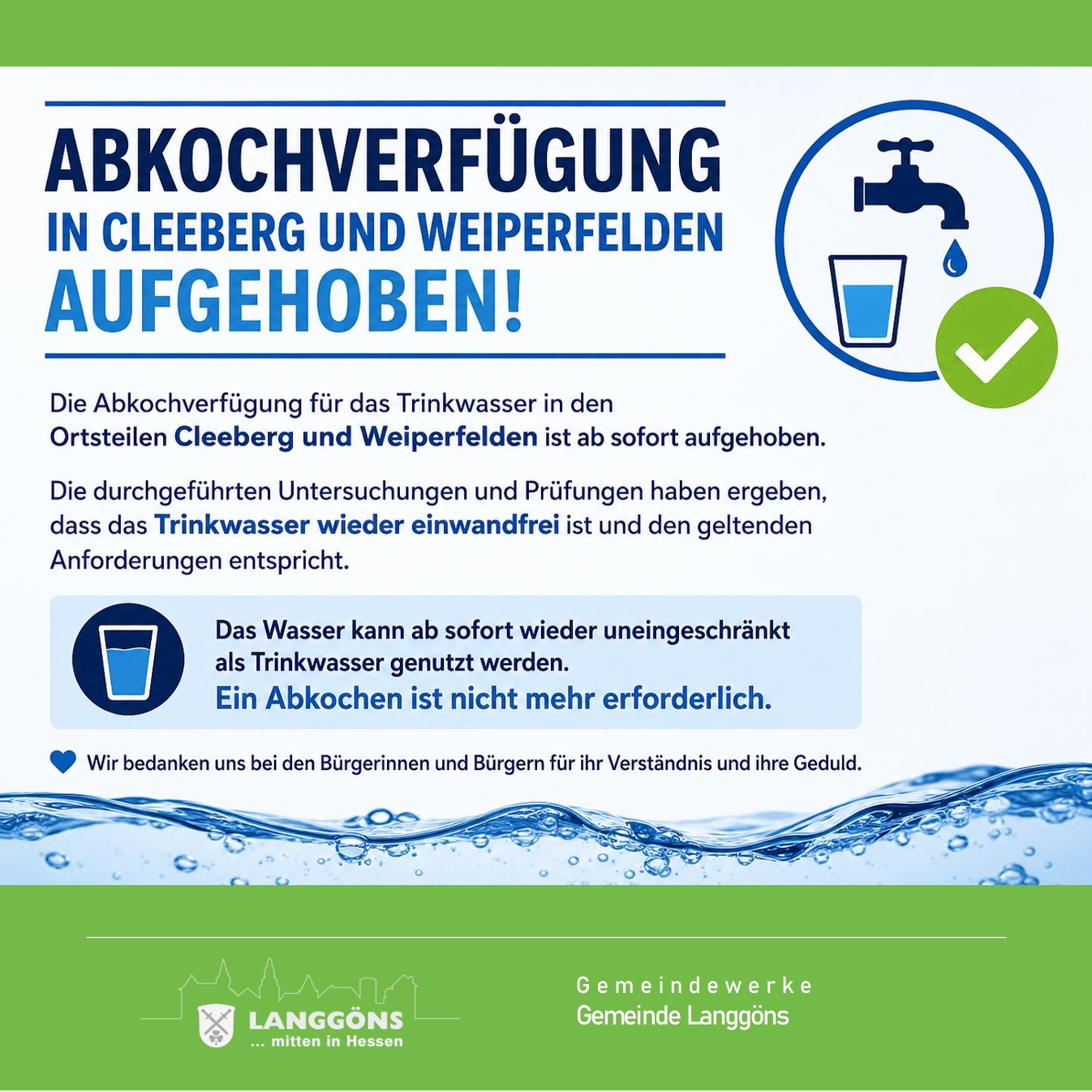 Abkochverfügung aufgehoben Trinkwasser Cleeberg